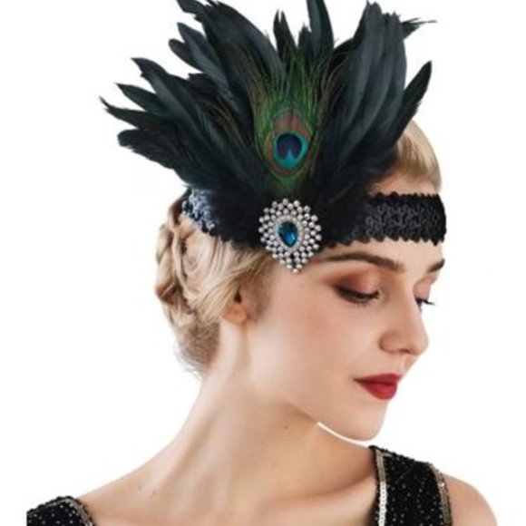 SWEETV 1920s Flapper Headband Peacock Feather Headpiece - Picture 1 of 5